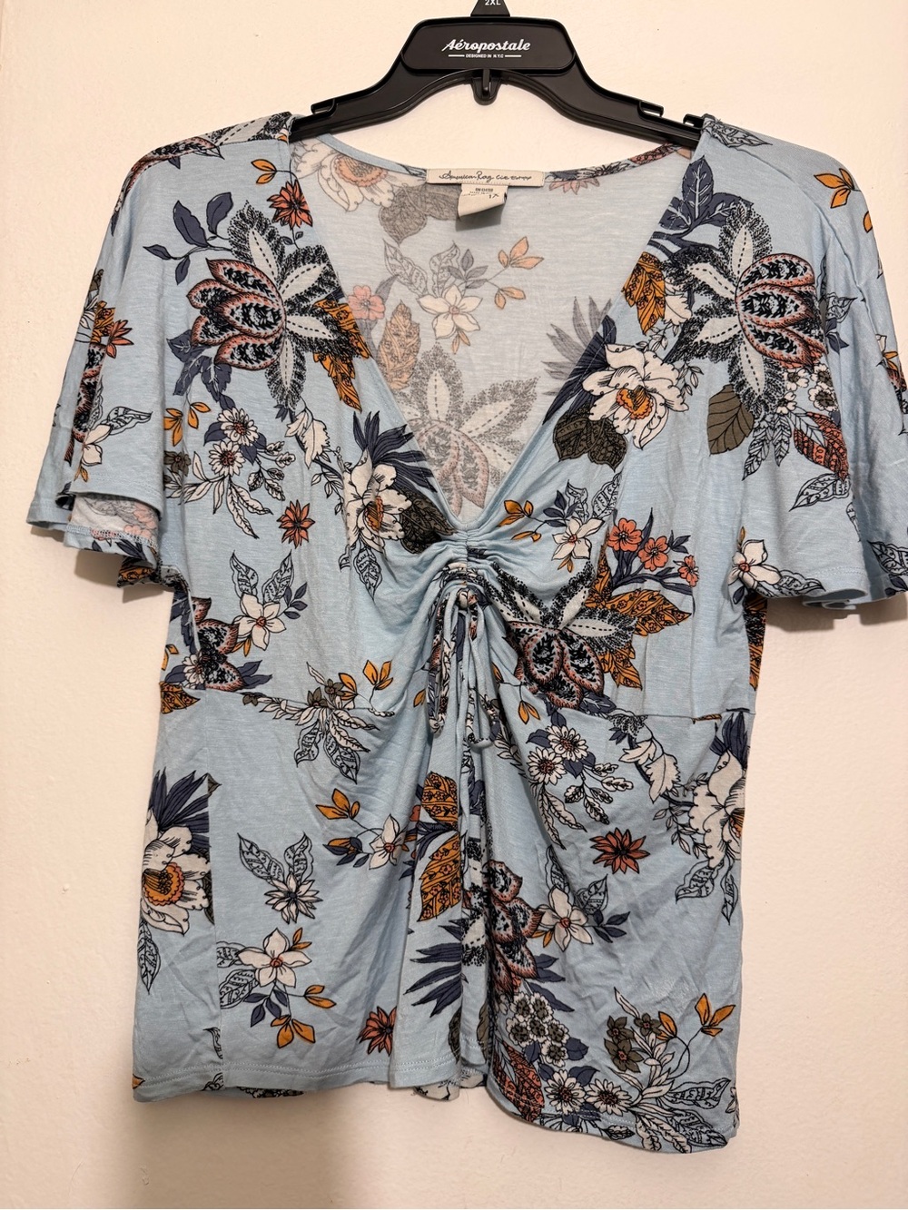 American Rag Light Blue Floral Tie-Front V-Neck Blouse